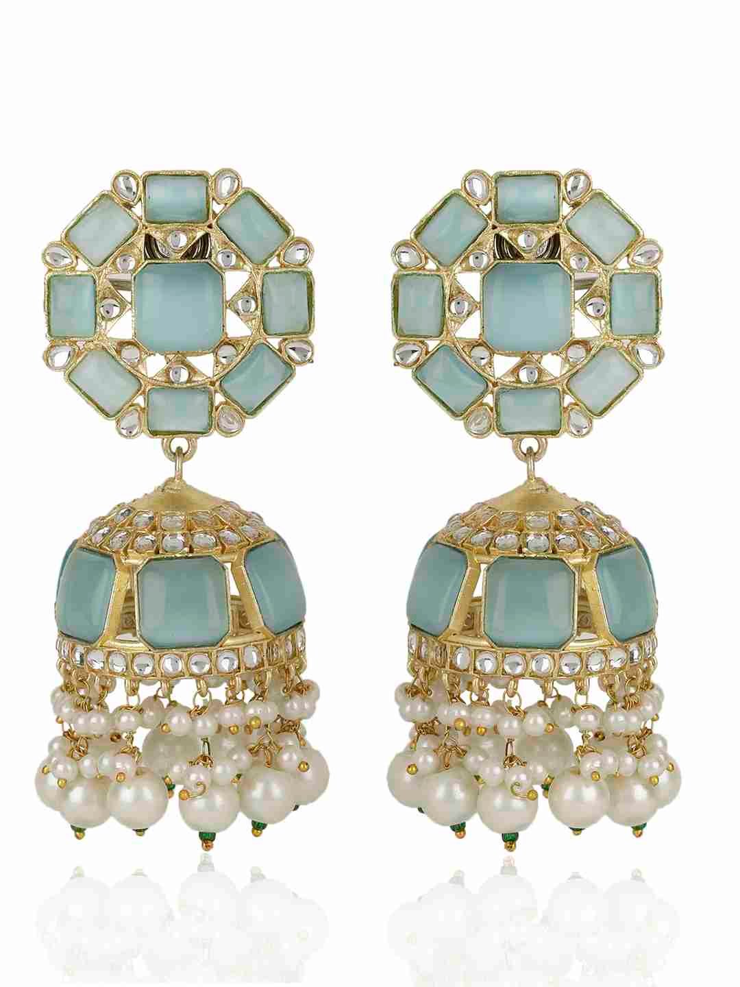 ASHNI BLUE MONALISA AND PEARL POLKI JHUMKA EARRINGS statement earrings in 24K gold plating | XAGO Luxe