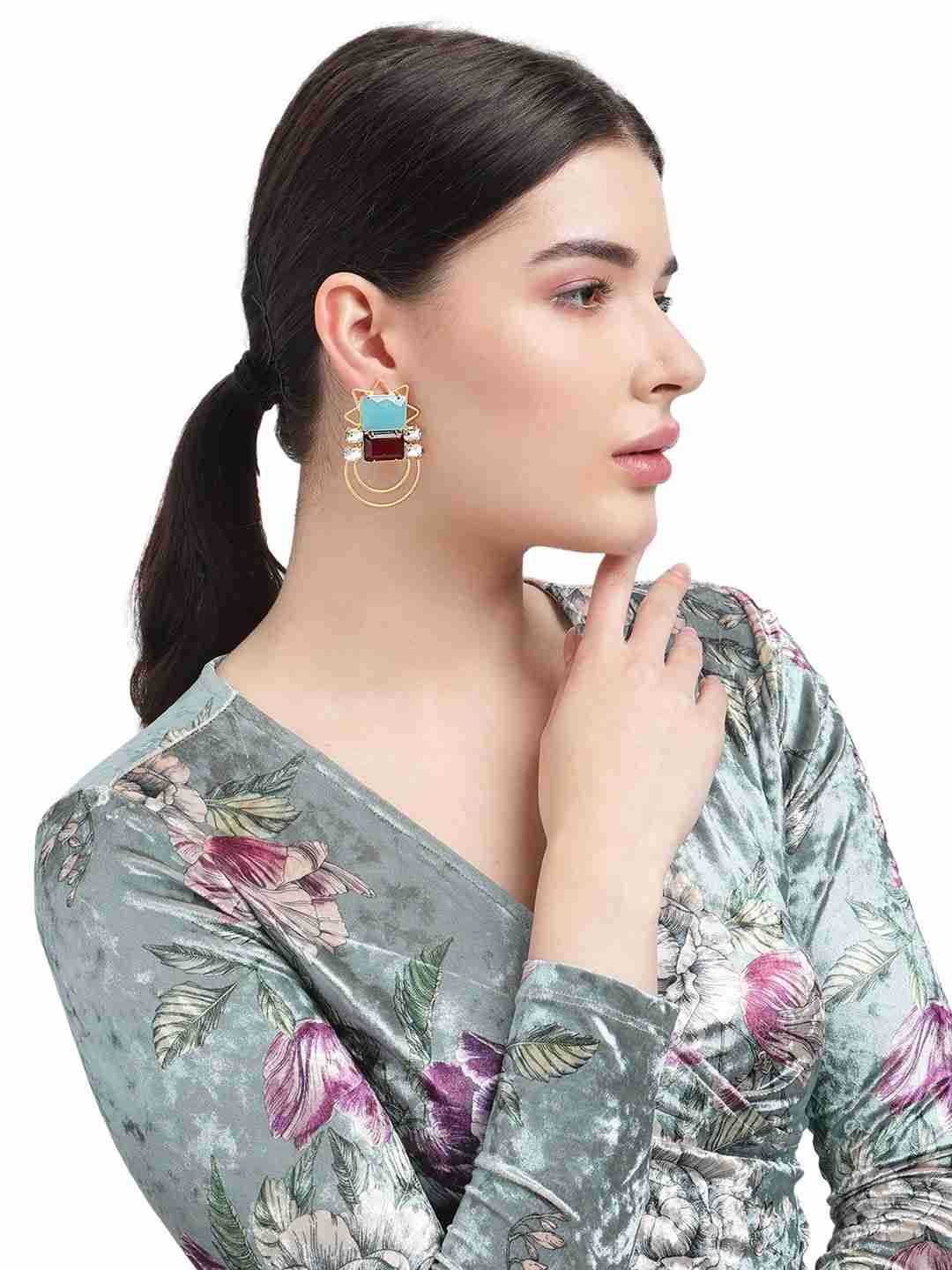 MARTINA BLUE CHALCEDONY, GARNET AND CRYSTAL STUD jewellery in 24K gold plating | XAGO Luxe