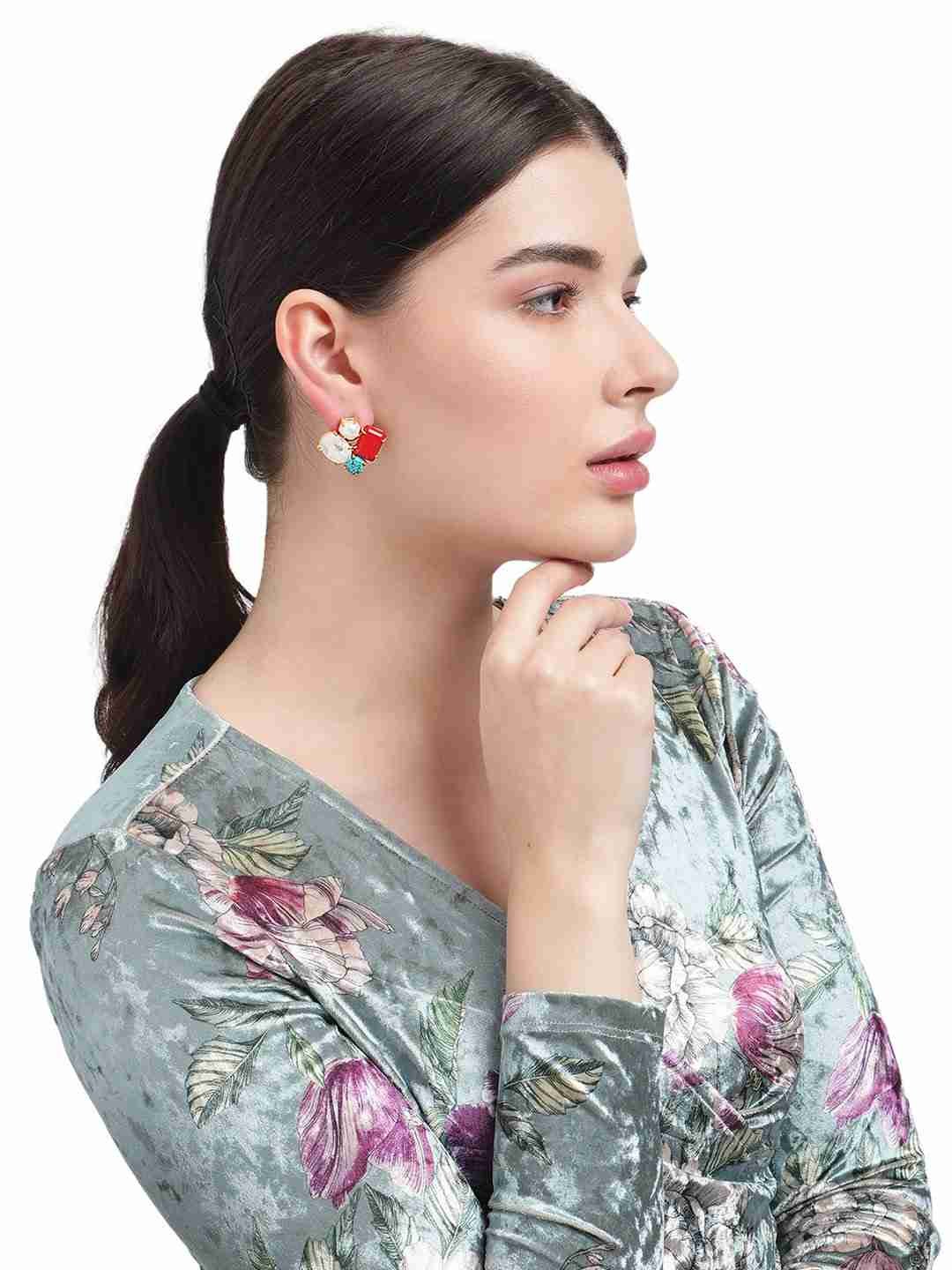 SANCHA CORAL, PEARLS, TURQUOISE AND WHITE AGATE STUDS jewellery in 24K gold plating | XAGO Luxe