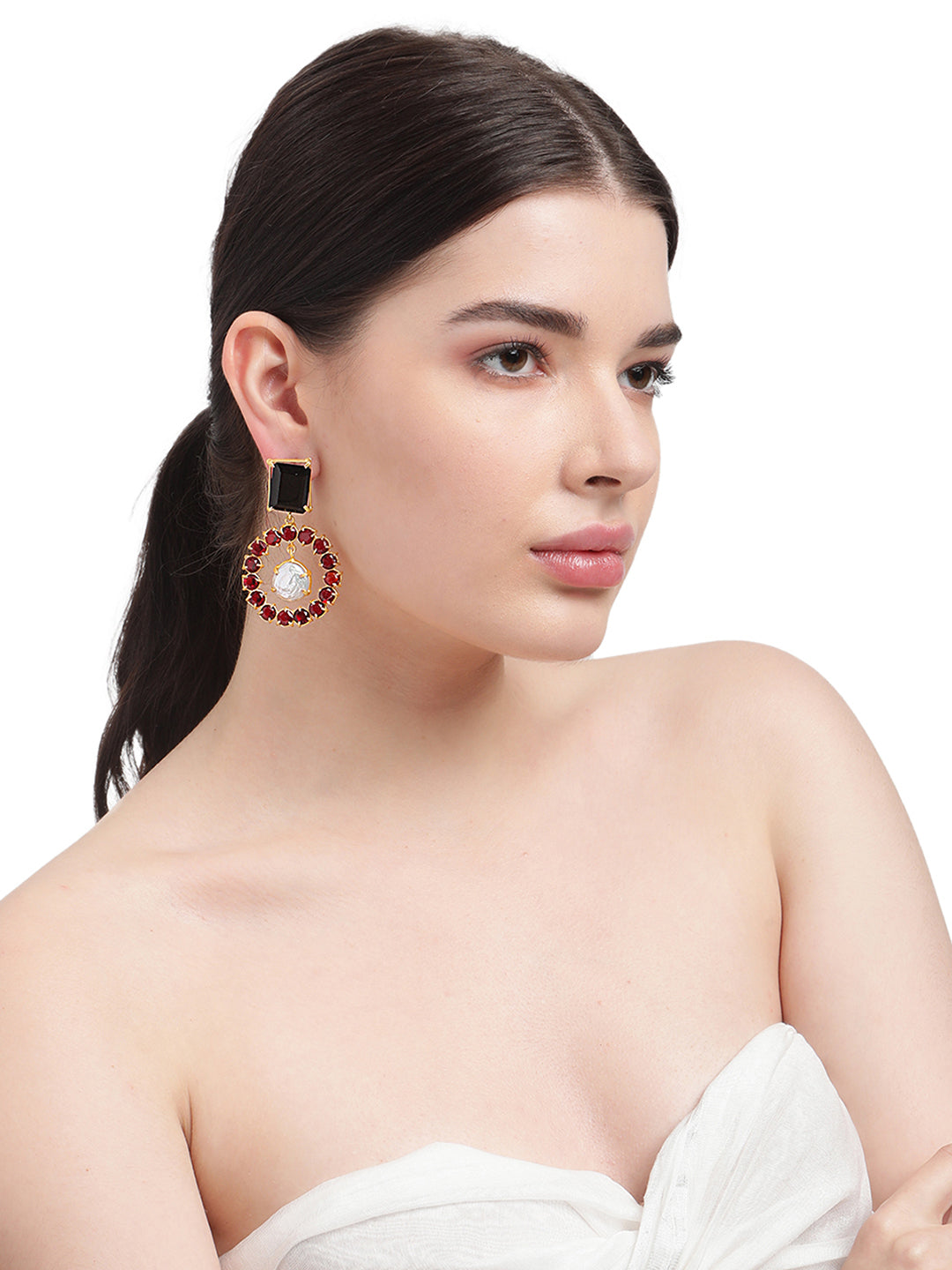 ALEXANDRA BLACK ONYX, GARNET AND FRESH WATER PEARLS  DROP EARRINGS jewellery in 24K gold plating | XAGO Luxe