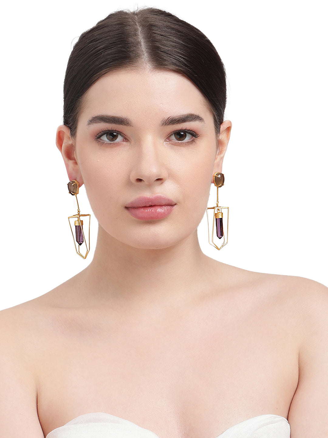 NAAMAH AMETHYST STONE & SMOKEY QUARTZ CONTEMPORARY EARRINGS statement earrings in 24K gold plating | XAGO Luxe