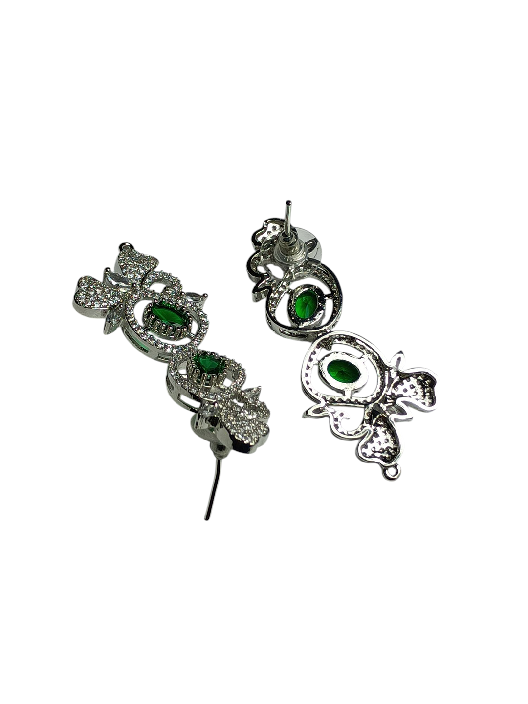 Contemporary Silver-Tone Green Stone and CZ Dangle Earrings