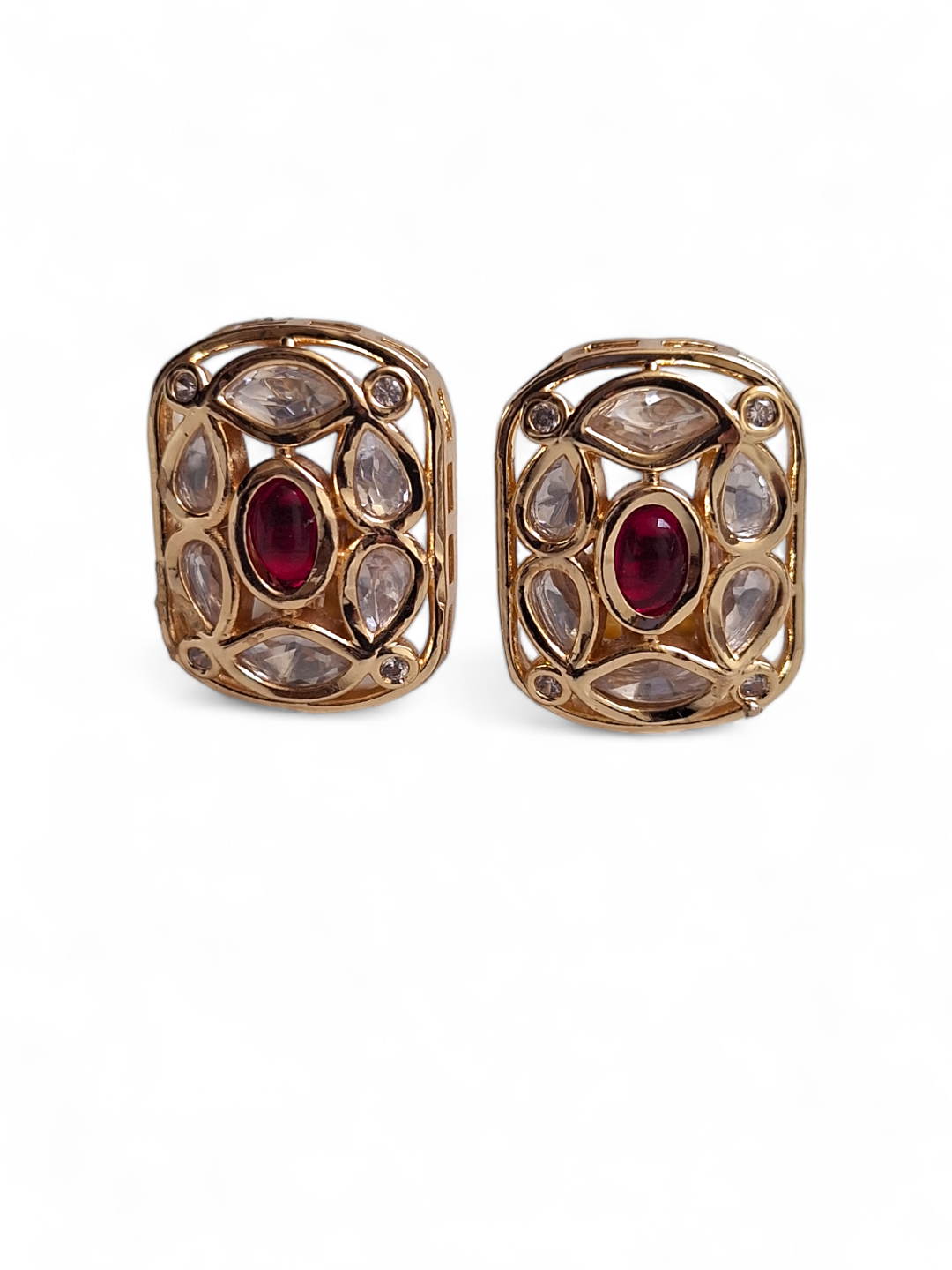 LE FELICIA GOLD PLATED KUNDAN STUDDED CONTEMPORARY SHAPED STUD EARRINGS jewellery in 24K gold plating | XAGO Luxe