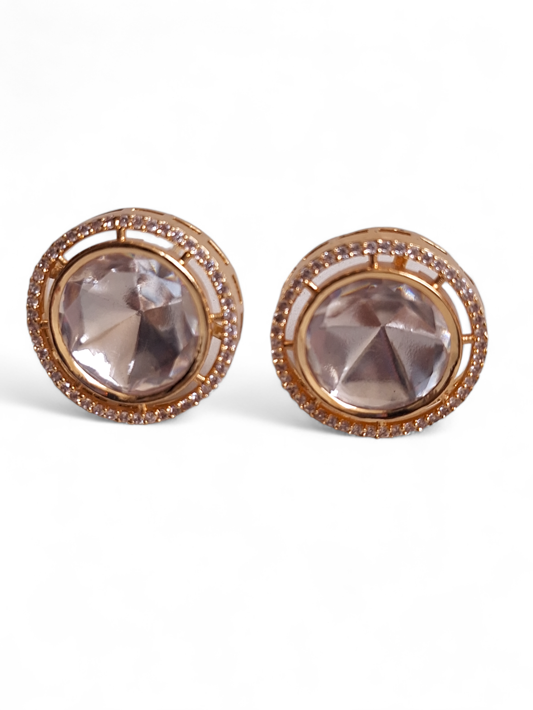 LE CARIS GOLD PLATED KUNDAN STUDDED CONTEMPORARY  SHAPED STUD EARRINGS jewellery in 24K gold plating | XAGO Luxe