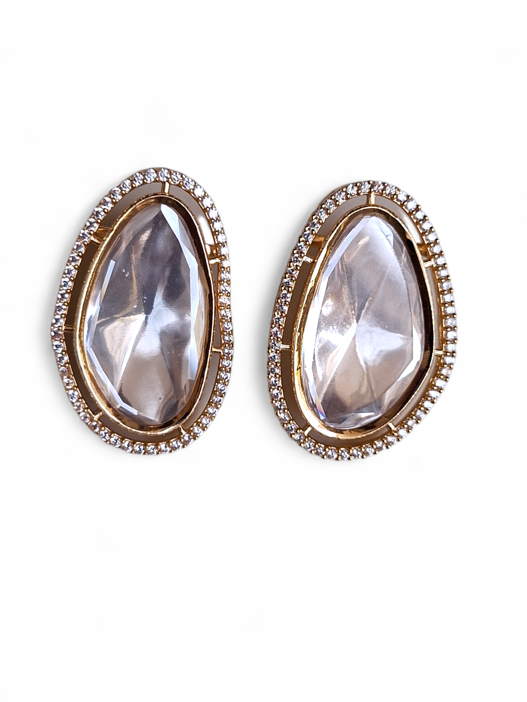 LE FIONA GOLD PLATED KUNDAN STUDDED TRIANGLE SHAPED STUD EARRINGS jewellery in 24K gold plating | XAGO Luxe