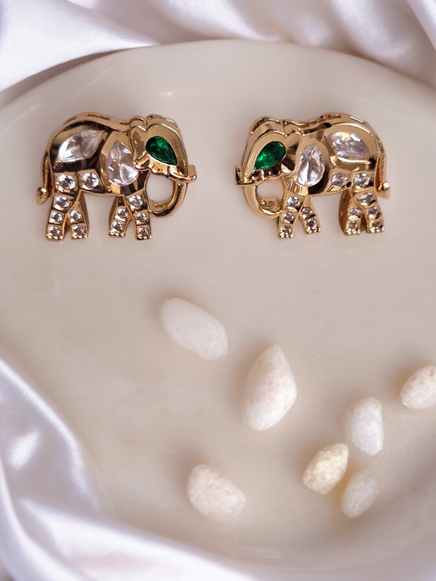 LE RABANI GOLD PLATED KUNDAN STUDDED ELEPHANT SHAPED STUD EARRINGS jewellery in 24K gold plating | XAGO Luxe