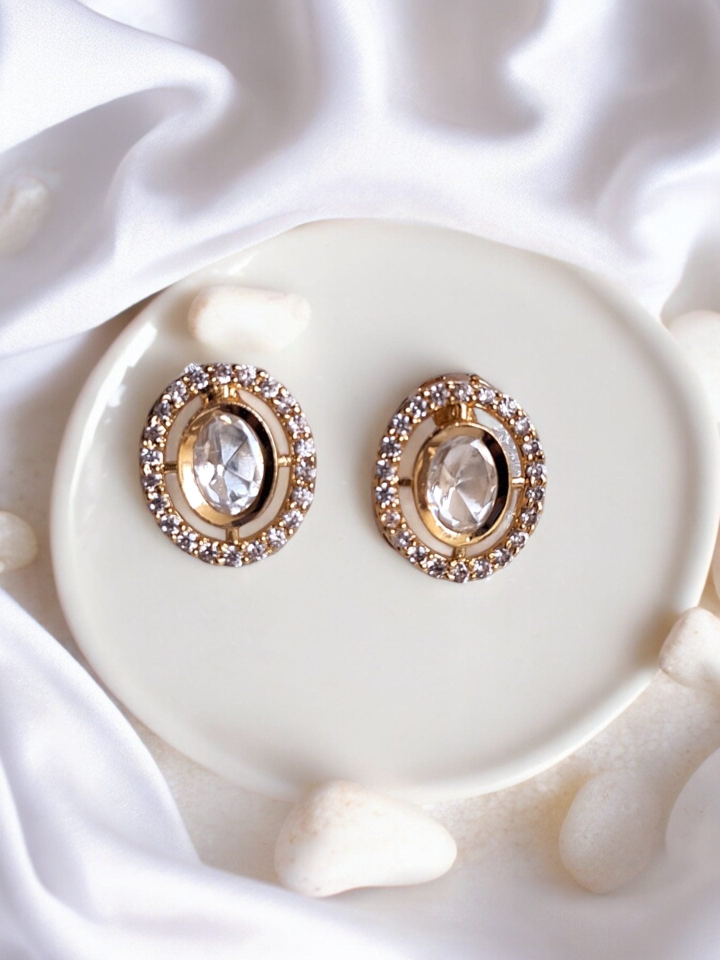 LE BAILA GOLD PLATED KUNDAN STUDDED CONTEMPORARY SHAPED STUD EARRINGS