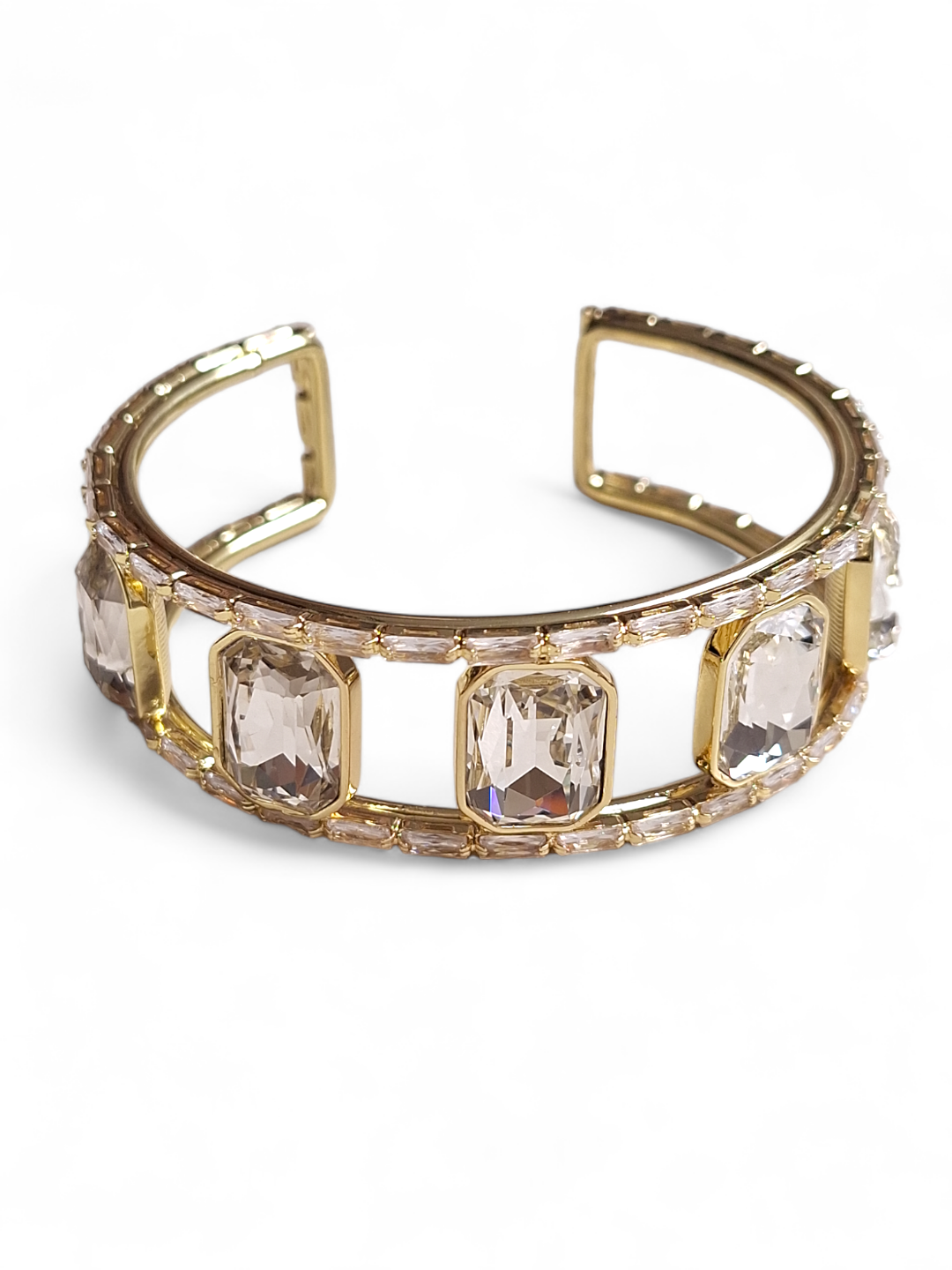 LE ORIYA GOLD PLATED AND WHITE STONE CUFF BRACELET jewellery in 24K gold plating | XAGO Luxe