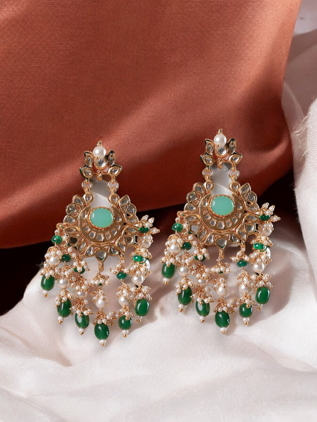 LE ZOELLA GREEN PEARL & KUNDAN EARRINGS jewellery in 24K gold plating | XAGO Luxe