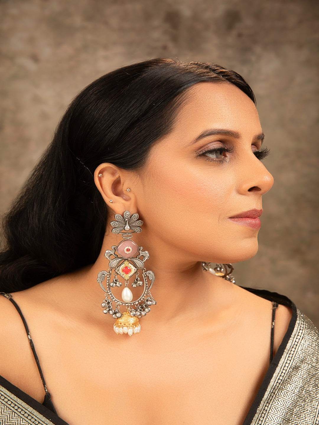 Oxidised Silver Jhumka Earrings-yellow Opal Moon Stone