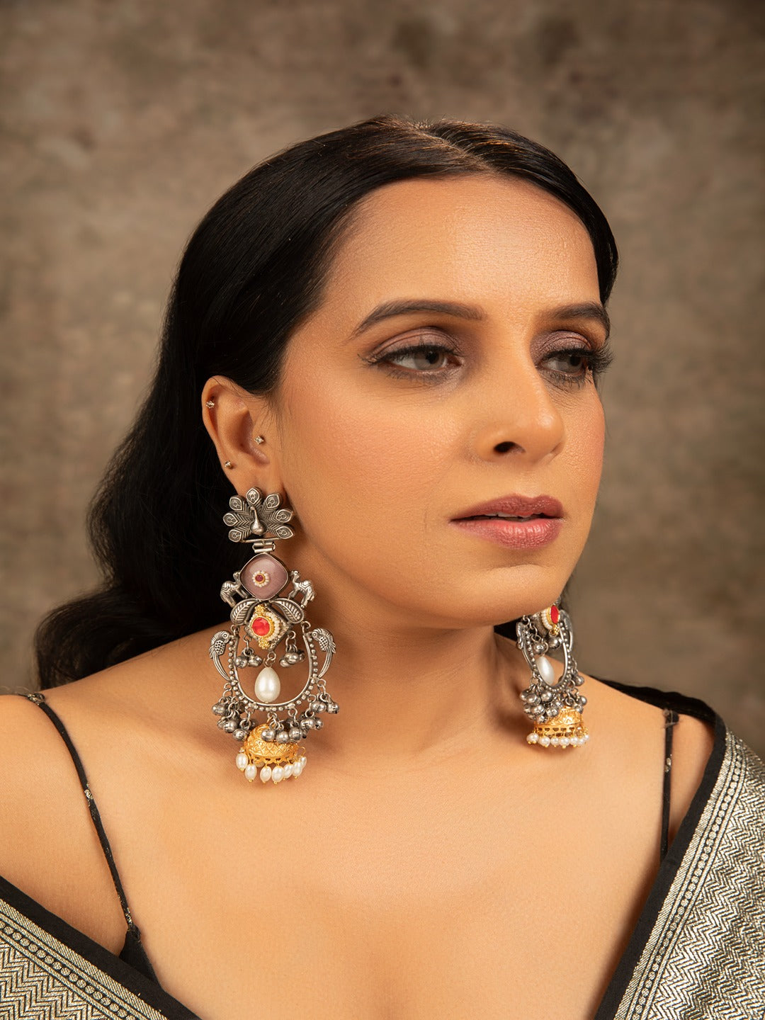 Oxidised Silver Jhumka Earrings-yellow Opal Moon Stone