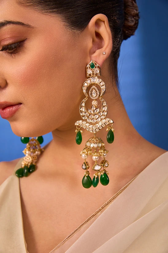 Xago Emerald Kundan Drop Jhumka Earrings
