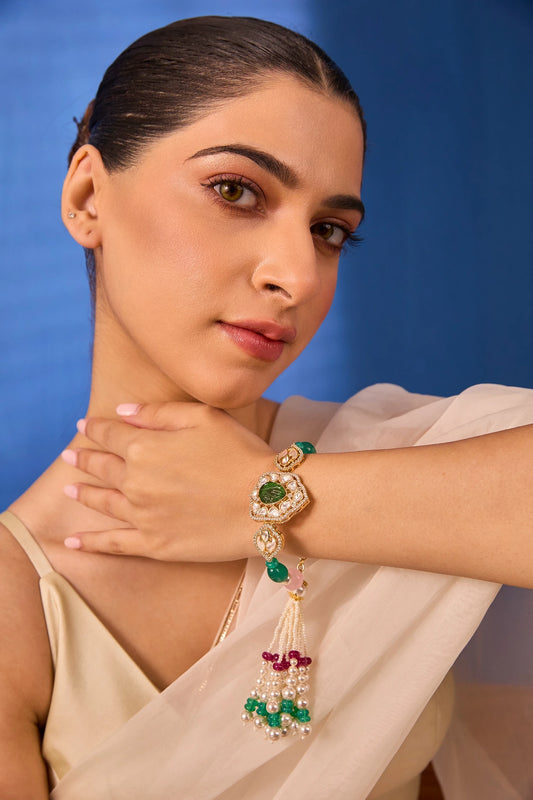 Rakshasutra — XAGO Kundan Green & Pink Lumba with Bracelet in 22K gold-plated brass by XAGO, view 2 of 2