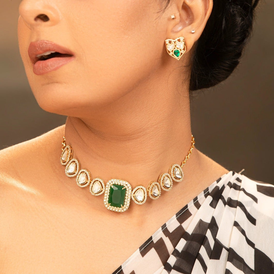 GREEN STNE MOISSANITE POLKI DAINTY NECKLACE AND EARRINGS  SET FOR WORK WEAR AND FESTIVITIES