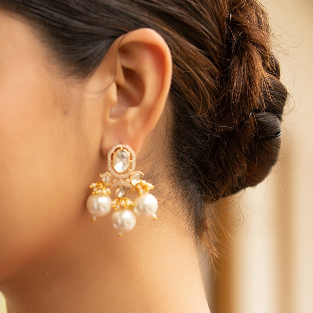 moissanite and pearl  kundan polki earrings designer modern traditional statement earrings for festivities and weddings