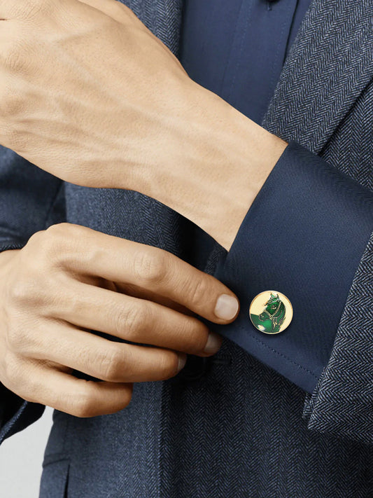 GOLD & GREEN-TONED ROUND CUFFLINKS jewellery in 24K gold plating | XAGO Luxe