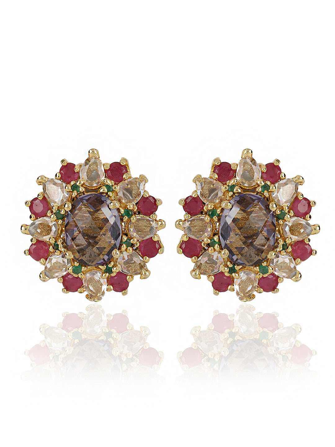 SHANTE RUBY, PURPLE STONE AND CLEAR QUARTZ STUDDED STUDS jewellery in 24K gold plating | XAGO Luxe