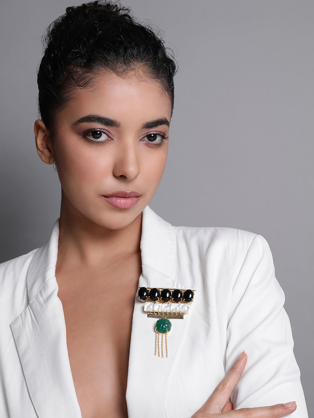 ASTRAL GREEN ONYX, BLACK ONYX & MOTHER OF PEARL BROOCH jewellery in 24K gold plating | XAGO Luxe