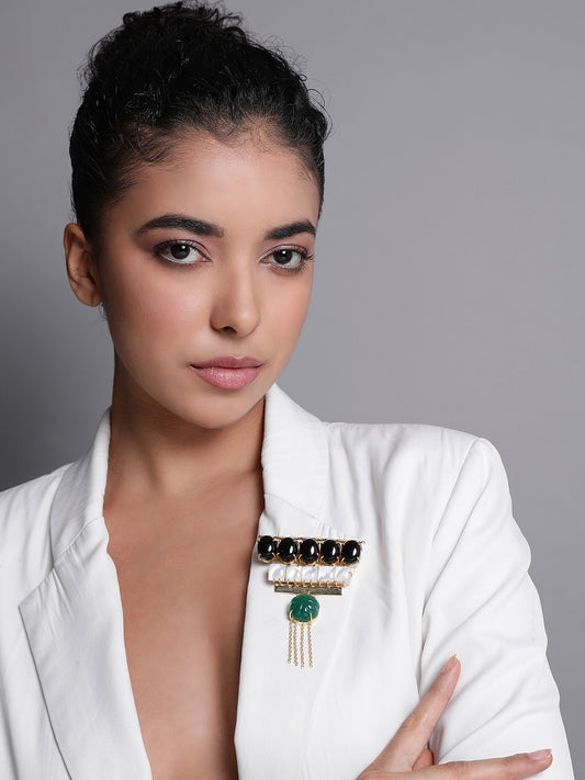 ASTRAL GREEN ONYX, BLACK ONYX & MOTHER OF PEARL BROOCH jewellery in 24K gold plating | XAGO Luxe