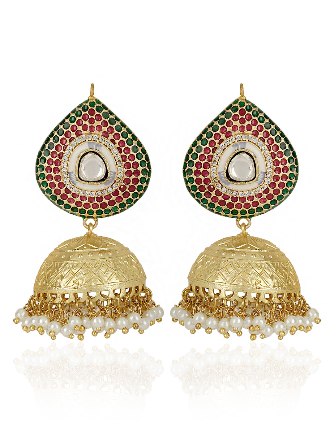 AARNA KUNDAN ENAMELED JHUMKA EARRINGS jewellery in 24K gold plating | XAGO Luxe