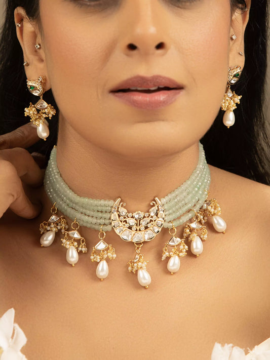 Laasya Green Beads White Polki And Pearl Necklace Set