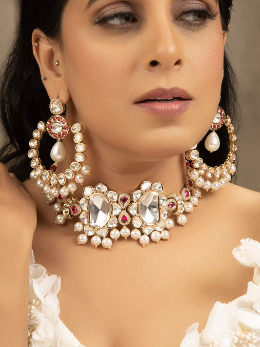 Ridhima Pink, White Polki and Pearl Necklace