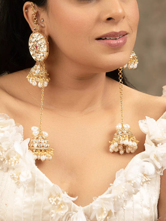 Tejasvi Moissanite Polki Jhumkas with Tassel & Pearl Drops