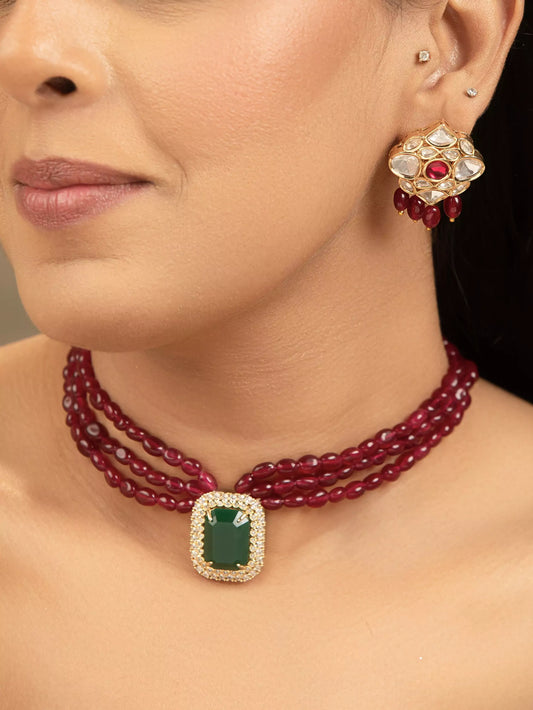 Ganya Red Beaded Choker with Green Moissanite Polki Pendant