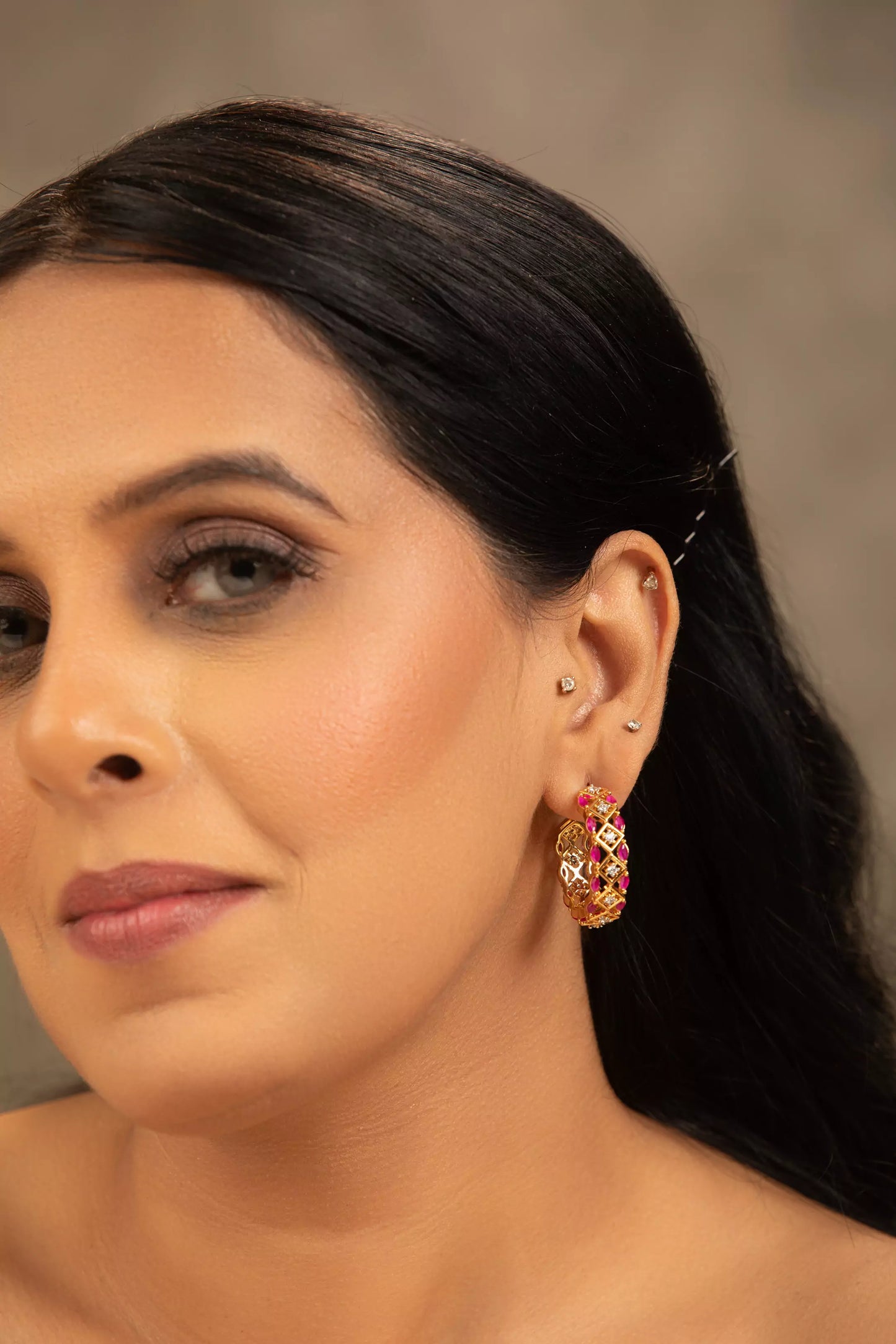 Prakriti Ruby & CZ Stone Hoops Earrings