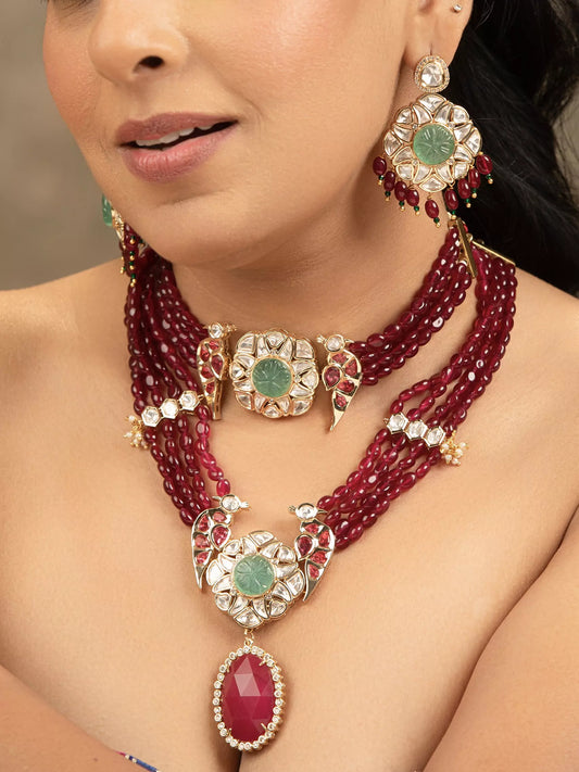 Xago Asvi Choker & Long Necklace Set with Polki Moissanite, Ruby Beads & Carved Emerald