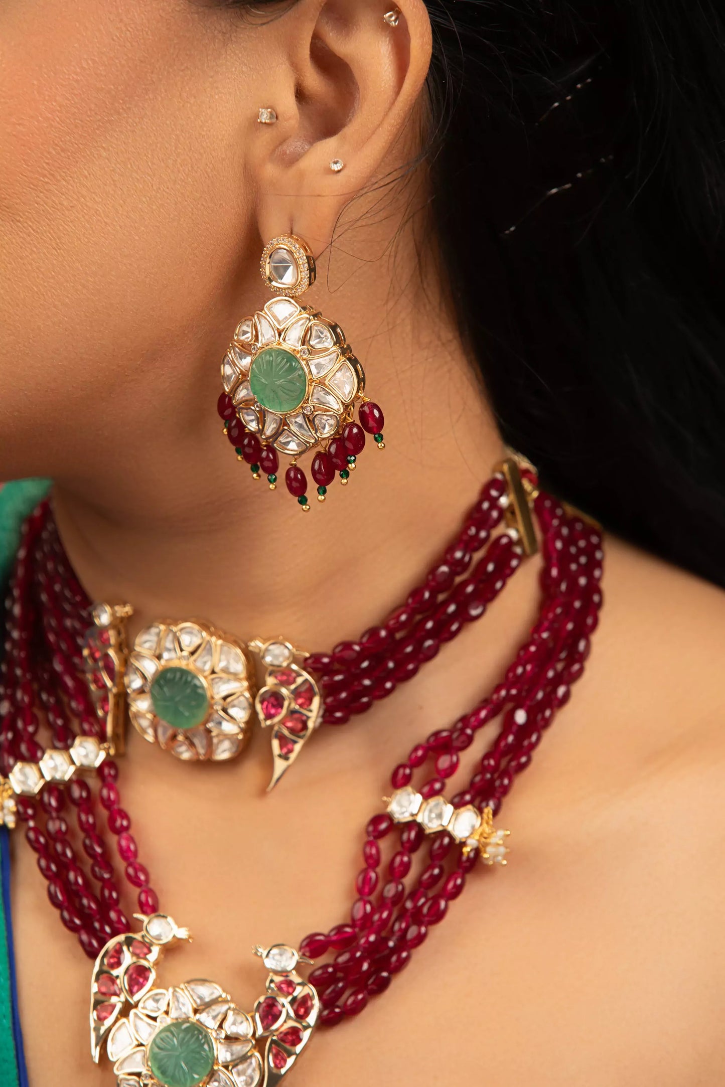 Xago Asvi Choker & Long Necklace Set with Polki Moissanite, Ruby Beads & Carved Emerald
