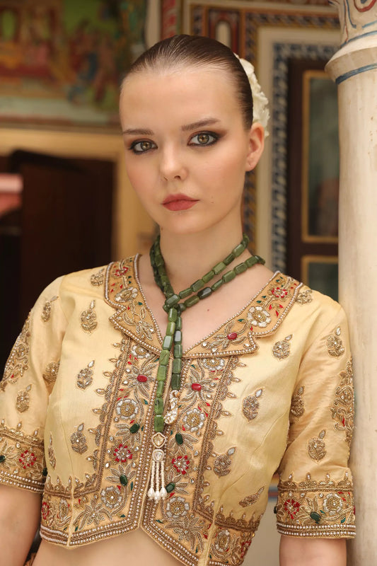 Moti Mahal Long Mala with Green Beads & Pearl Tassels