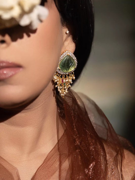 Lavanya Green Stone and Pearl Drop Earrings
