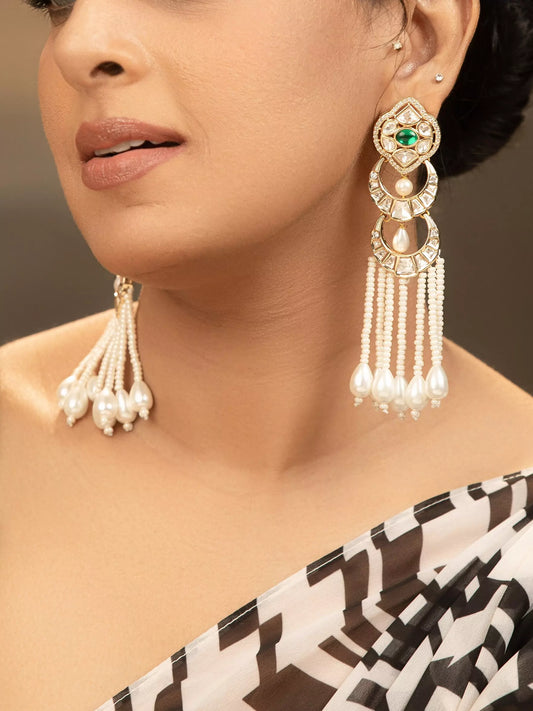 Kasika Green Stone and Moissanite Polki and Pearls Danglers