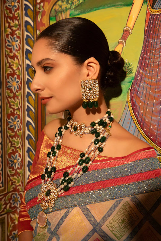 Xago Panna Jharna Long Necklace Set with Polki Moissanite, Emerald Beads & Pearls