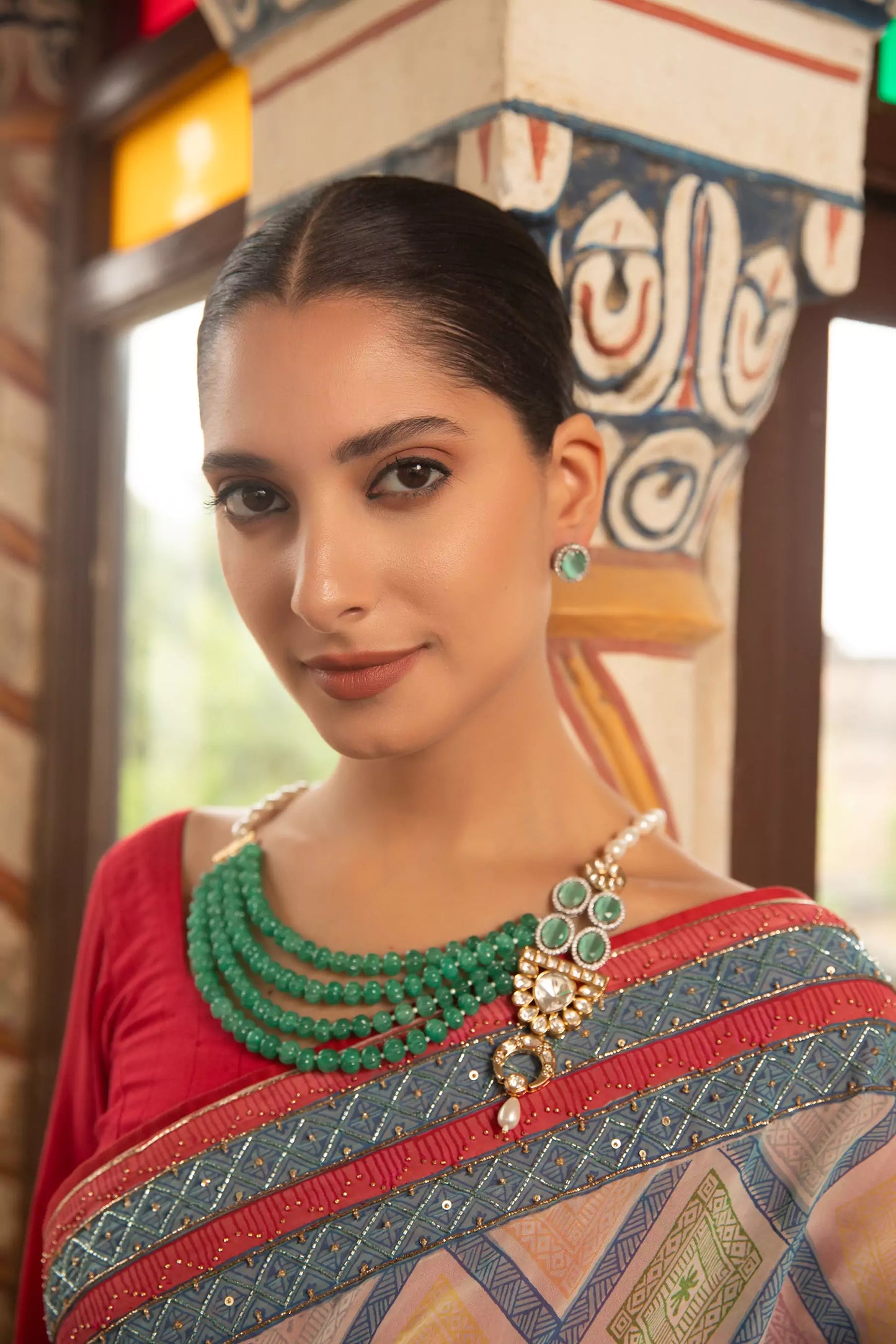 Xago Rang Mahal Haar Necklace Set with Green Beads & Polki Moissanite Pendant