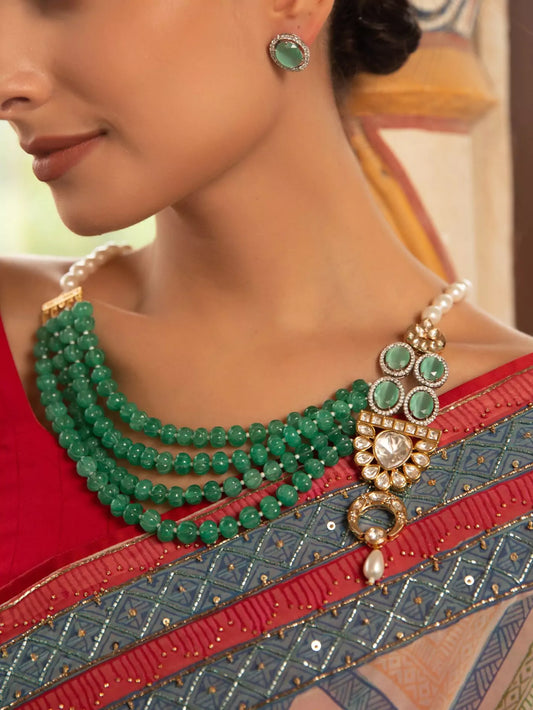 Xago Rang Mahal Haar Necklace Set with Green Beads & Polki Moissanite Pendant