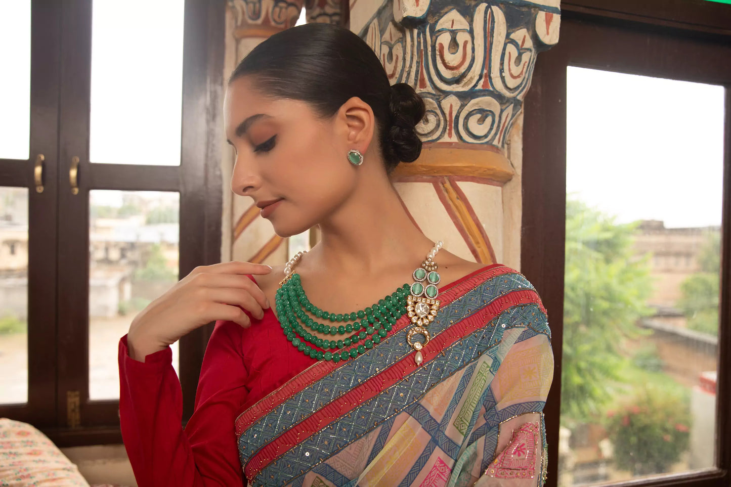 Xago Rang Mahal Haar Necklace Set with Green Beads & Polki Moissanite Pendant