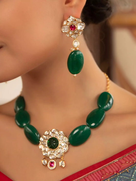 Xago Ranjhana Necklace Set with Green Beads & Polki Moissanite Pendant