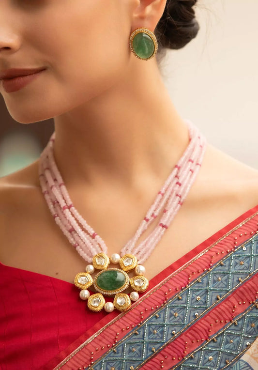 Noor-E-Deewan Necklace Set with Pink Beads & Green Polki Moissanite Pendant
