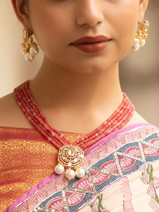 Mehrab Haar Necklace Set with Reddish-Pink Beads & Polki Moissanite Pendant