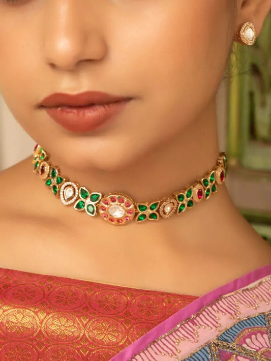 Gulab Gharana Polki Moissanite Choker Necklace Set with Emerald & Ruby Accents