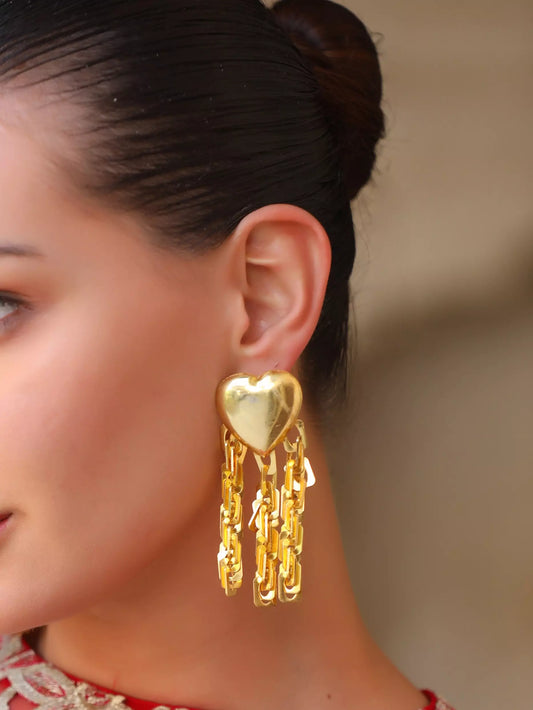 Xago Lovique Tassel Earrings in 22K Gold Finish | Heart Statement Earrings with Chain Tassels