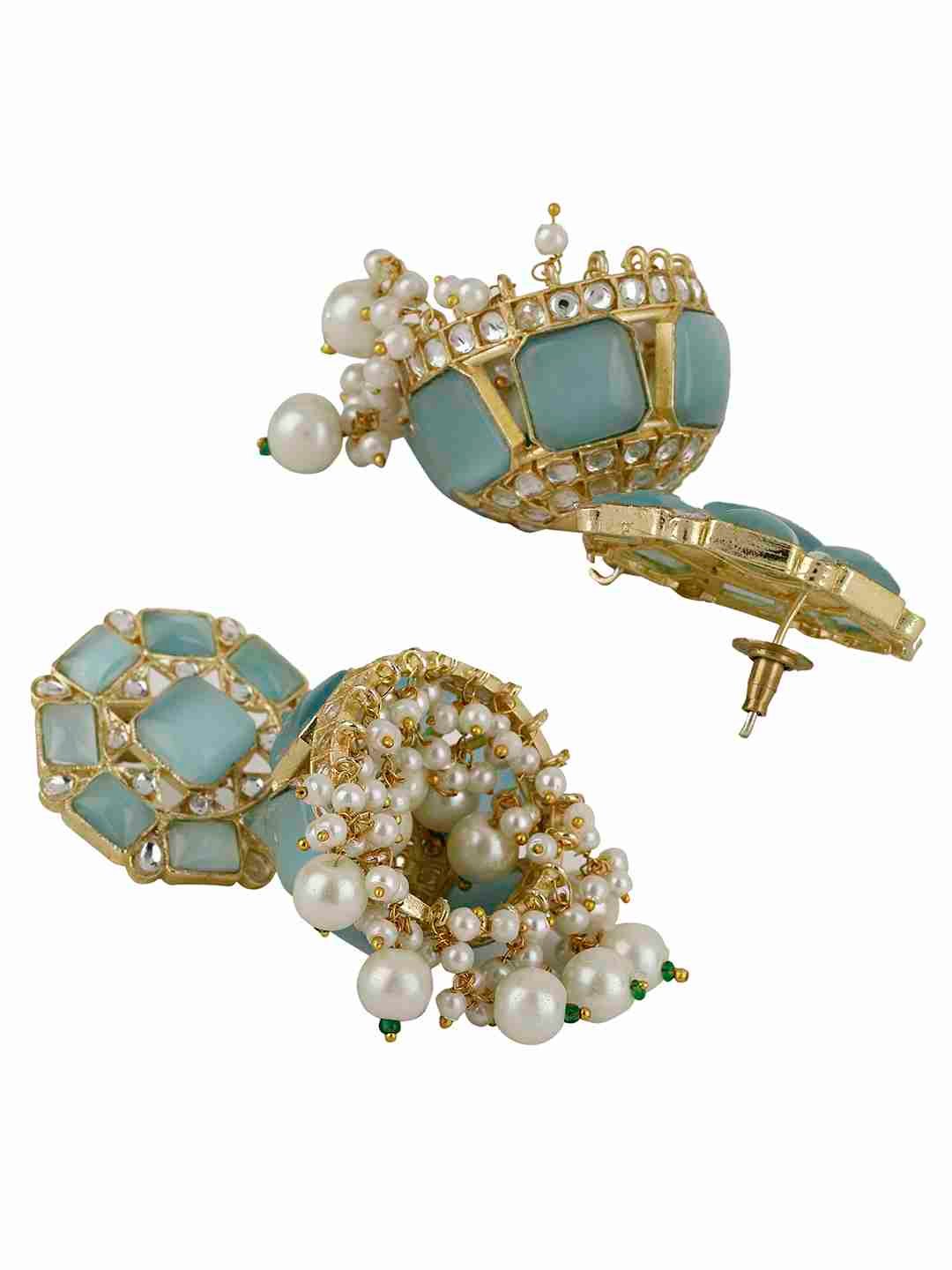 ASHNI BLUE MONALISA AND PEARL POLKI JHUMKA EARRINGS statement earrings in 24K gold plating | XAGO Luxe