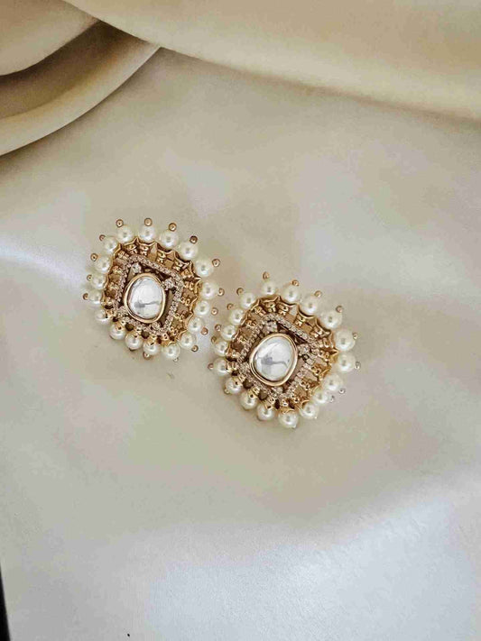SAURABHA POLKI EARRINGS : AMERICAN DIAMOND & PEARL STUDDED jewellery in 24K gold plating | XAGO Luxe