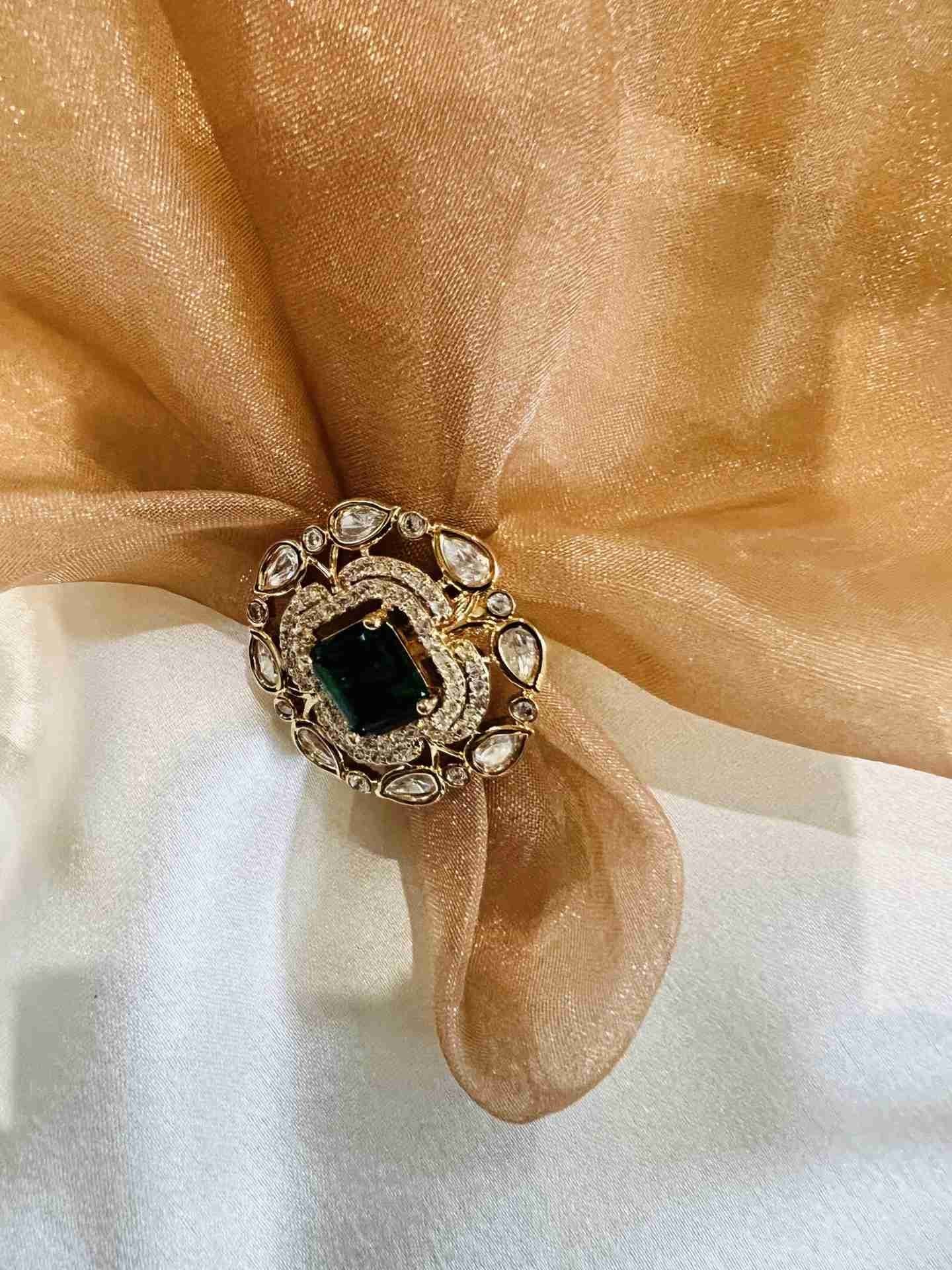 ALANKRITA KUNDAN AND AMERICAN DIAMOND RING WITH GREEN STONE jewellery in 24K gold plating | XAGO Luxe
