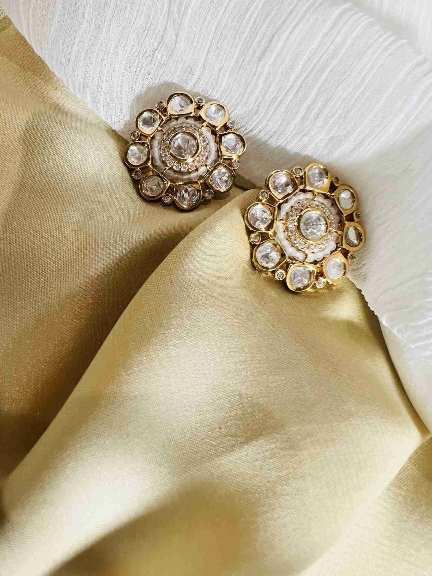 AAKARSHAKA POLKI EARRINGS WITH AMERICAN DIAMOND AND WHITE BEADS jewellery in 24K gold plating | XAGO Luxe