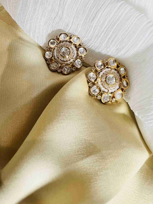 AAKARSHAKA POLKI EARRINGS WITH AMERICAN DIAMOND AND WHITE BEADS jewellery in 24K gold plating | XAGO Luxe