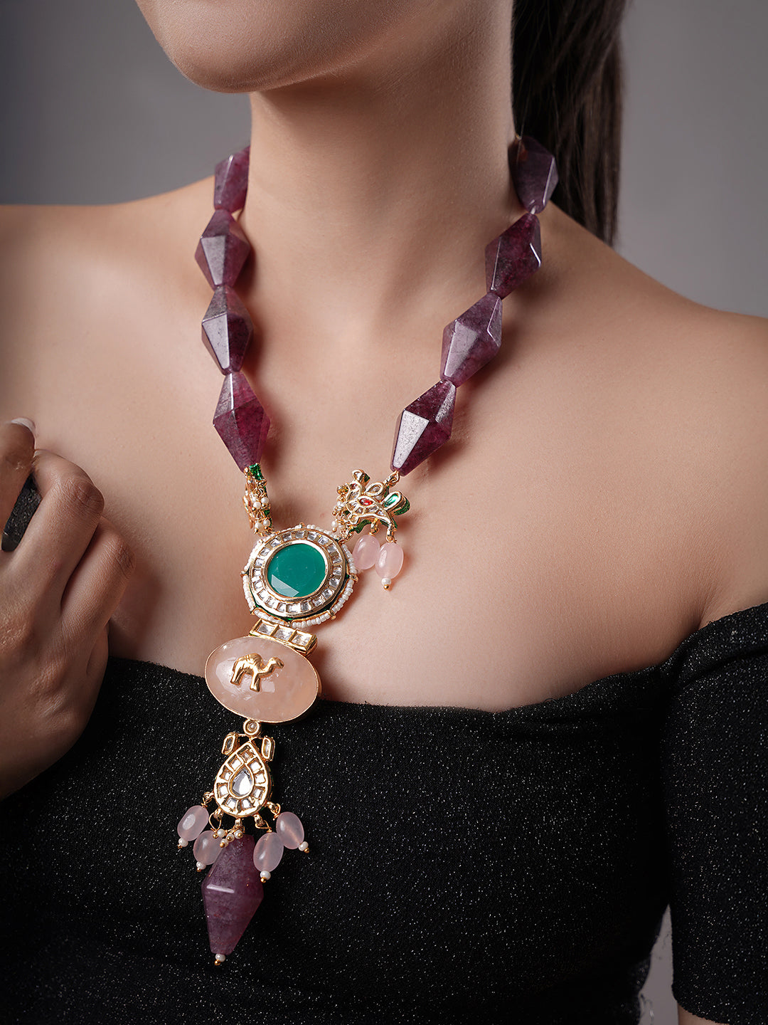 LE MERAKI GOLD PLATED MULTI KUNDAN STUDDED NECKLACE jewellery in 24K gold plating | XAGO Luxe