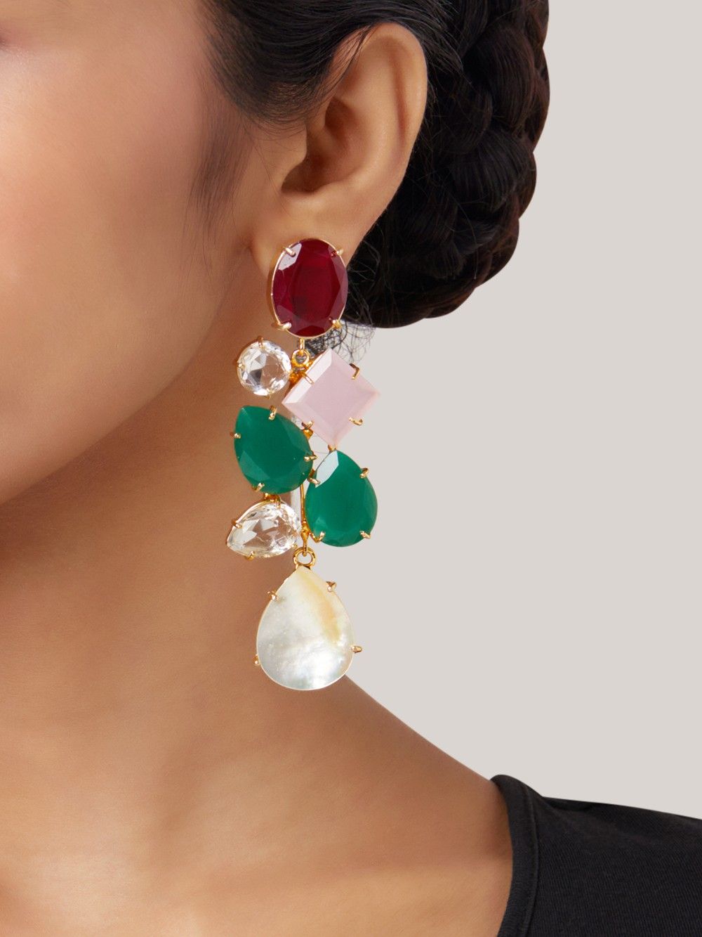 Jasmika Multi-Stone Statement Earrings – Green Onyx, Red Quartz, Crystal & Mother of Pearl